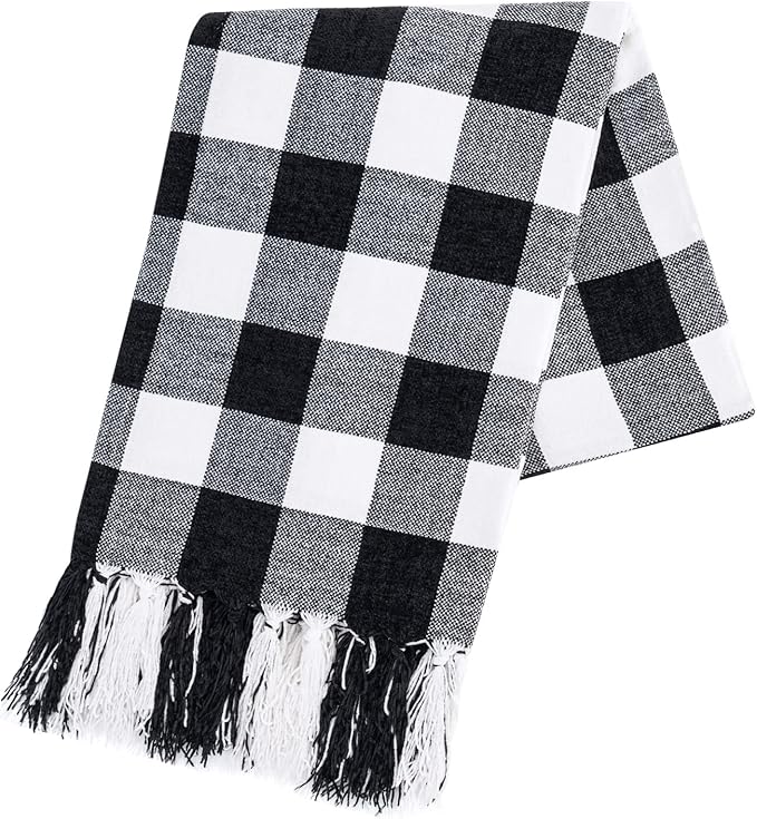 RECYCO Buffalo Paid Chenille Throw Blanket for Couch, Soft Cozy Decorative Buffalo Check Blanket Throw with Tassels for Bed Sofa, Lightweight Chenille Knitted Throw, Plaid Black Off White, 50'' x 60''