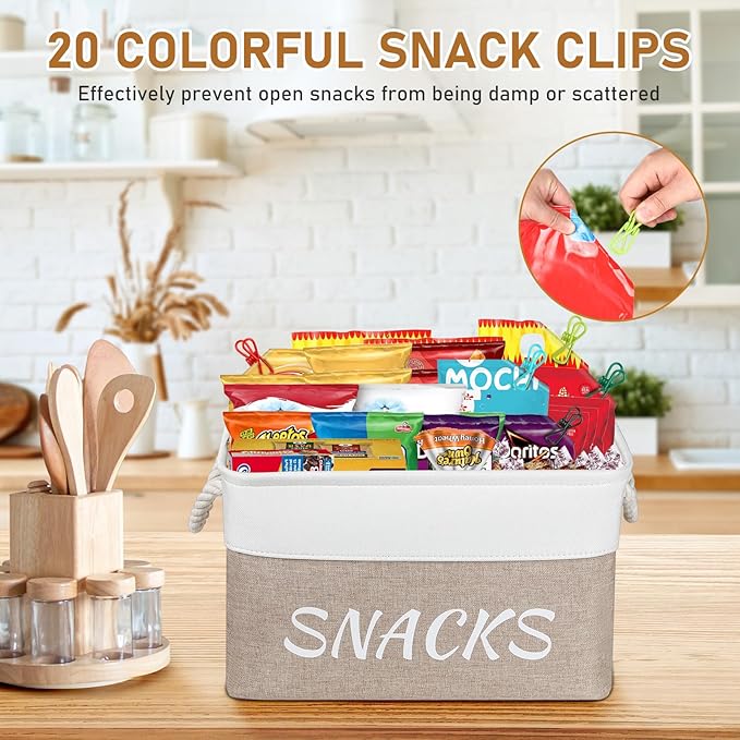 2 Pack Snack Organizer for Pantry,Decorative Snack Basket with 20 Pcs Chip Clips, Collapsible Snack Organizer for Countertop, Pantry Shelf, Office, Kitchen and More