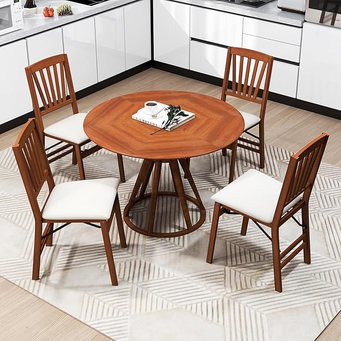 COSTWAY Folding Dining Chairs Set of 4, Upholstered Wooden Dining Room Chairs with Fabric Padded Seat, Solid Wood Frame and 400LBS Capacity for Kitchen Apartment (Beige & Brown)