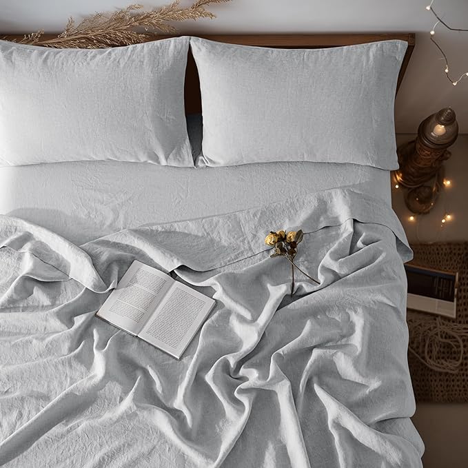 LBRO2M 100% Linen Sheet Set King Size,Bed Sheets 4 Piece Sets, Solid Color Natural Flax Bed Sheets Soft Breathable Bedding,16" Deep Pocket,All Season (King, Grey)