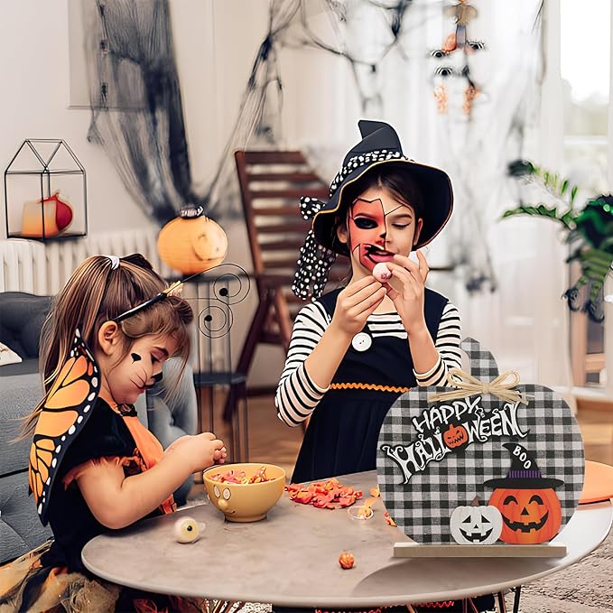 Super Holiday Halloween Pumpkin Decorations, 11"/28CM Wooden Buffalo Plaid Tabletop Decorations, for Home Farmhouse Living Room Indoor Party Decor.