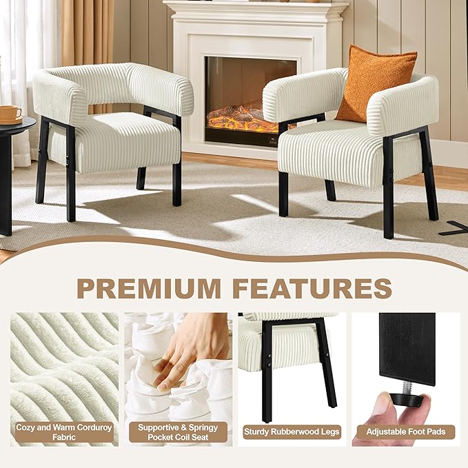Yaheetech Corduroy Barrel Accent Chair Set of 2, Modern Upholstered Armchair with Solid Wood Legs, Cozy Leisure Chair with Pocket Coiled Seat for Living Room, Bedroom, Reading Nook Beige