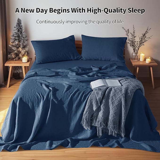 LBRO2M 100% Linen Sheet Set 16" Deep Pocket Queen Size,Bed Sheets 4 Piece Sets,Solid Color Natural Flax Bed Sheets Soft Breathable Bedding, All Season (Queen, Navy Blue)