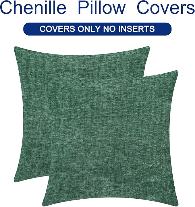 CaliTime Throw Pillow Covers Decorative 22 X 22 Inches Pack of 2 Cozy Chenille Cushion Cases for Couch Sofa Bed Living Room Home Dark Green