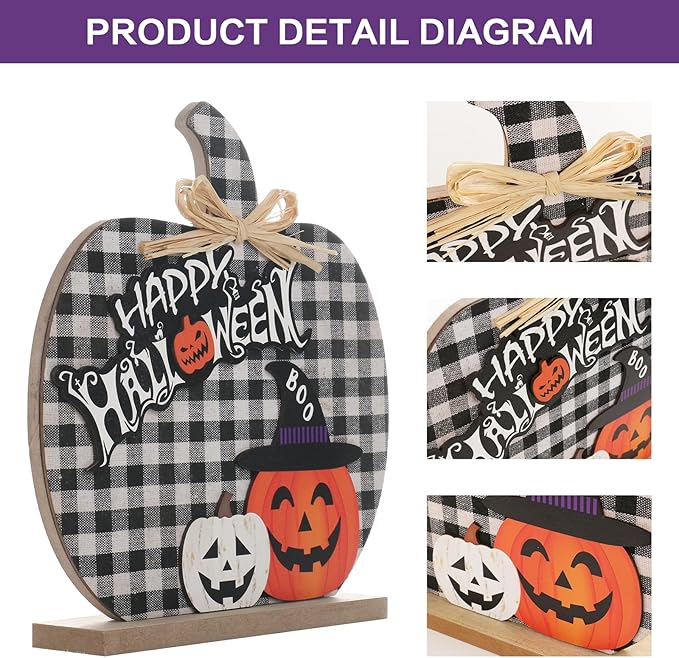 Super Holiday Halloween Pumpkin Decorations, 11"/28CM Wooden Buffalo Plaid Tabletop Decorations, for Home Farmhouse Living Room Indoor Party Decor.
