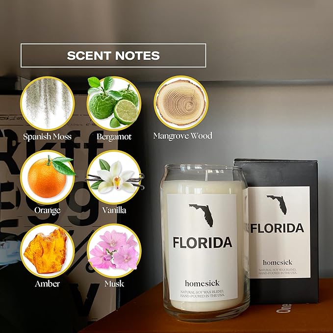 Homesick Scented Candles for Home (Florida) - 13.75 oz Long-Lasting Soy Wax Jar Candle for Women & Men for All Occasions, 60-80 Hours Burn Time - Notes of Moss & Bergamot