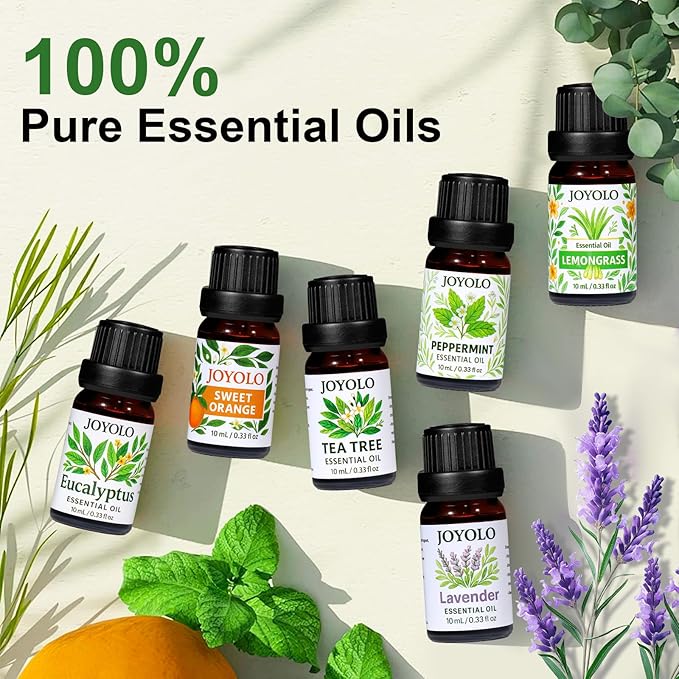 Essential Oil Diffuser & Essential Oils Set, Glass Aromatherapy Diffuser with 7 Color LED Lights and Auto-Shut Off, Cool Mist Diffuser for Home with 6 Essential Oils