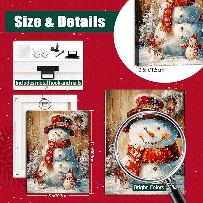 Vintage Snowman Christmas Canvas Wall Art, Framed Rustic Christmas Print Picture for Living Room Bedroom Decor, Ideal Christmas Wall Art Decorations and Holiday Gifts