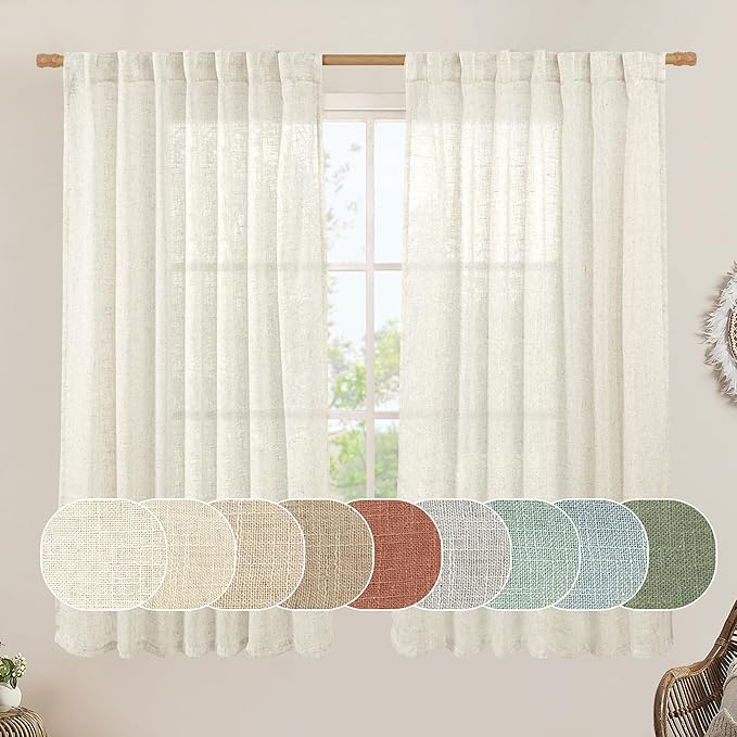 LAMIT 60 Inch Wide Linen Curtains for Bedroom, Ivory Cream Light Filtering Faux Linen Textured Panels Semi Sheer Back Tab and Rod Pocket Boho Drapes for Living Room/Farmhouse, 2 Panels, 60 x 63 Inch