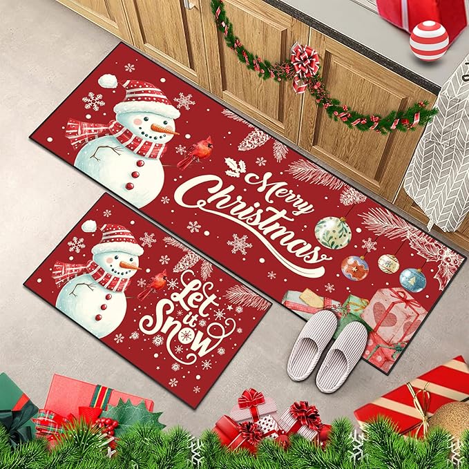 Christmas Snowman Kitchen Rugs Non-Slip Holiday Floor Mats 2 Piece Set Vintage Decor Soft Absorbent for Sink Front 17x30 and 17x47 Inches