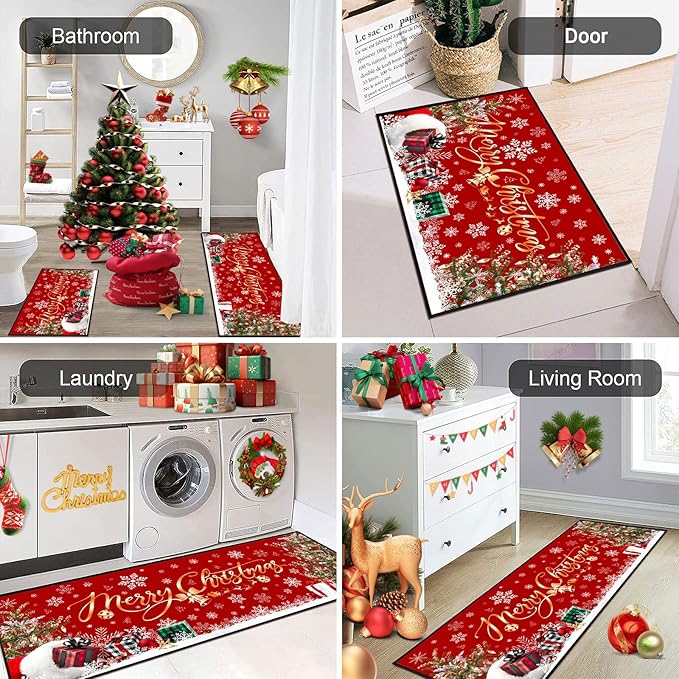 ACZHHZC Merry Christmas Kitchen Rugs and Mats Set of 2, Winter Snowflake Xmas Tree Holiday Home Kitchen Decor Floor Mats, Washable Non-Slip Sink Carpet (Christma 3, 17"x47"+17"x30")