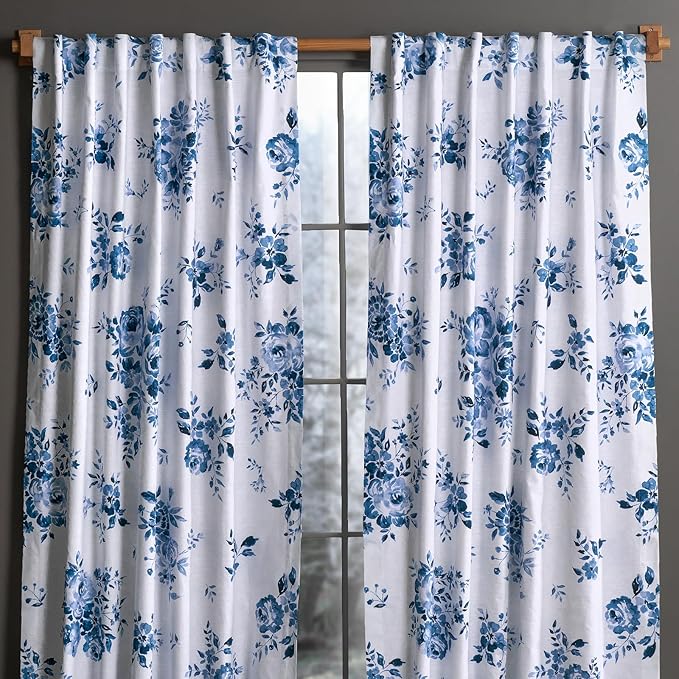 Maison d'Hermine Curtains for Living Room 100% Cotton 124 inch Length Two Panels Window Curtains for Bedroom with Loop & Rod Pockets - Rose Garden - Blue, 50" W x 124" L