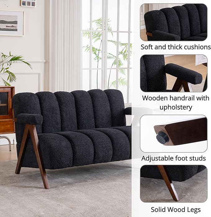 Mid Century Modern Accent Chair Loveseat Sofa with Solid Wood Frame, Boucle Upholstered Living Room Chairs with Thick Cushion, Comfy Tufted Arm Chair for Bedroom, Black