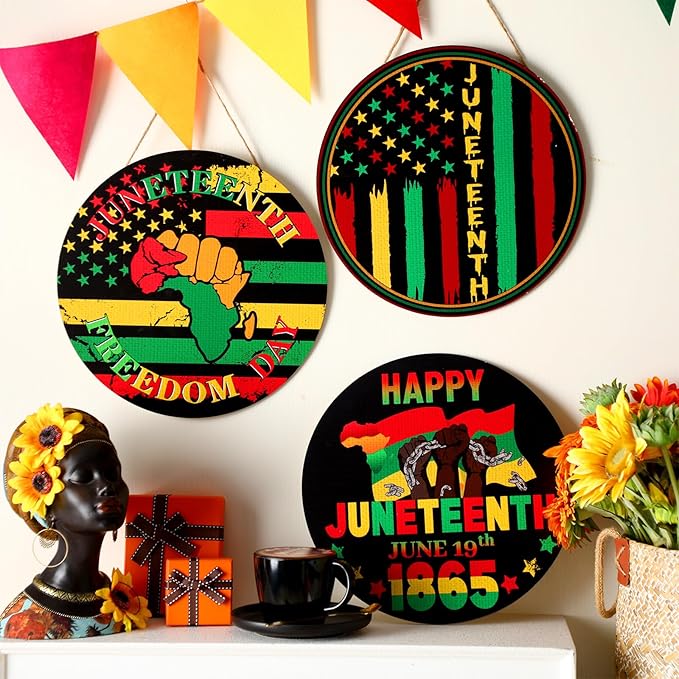 3 Pcs Juneteenth Decoration 12 Inch Juneteenth Wooden Door Sign Africa America Outdoor Decoration June 19th Freedom Memorial Independence Day Hanging Ornament Plaque for Home Front Door Holiday Decor