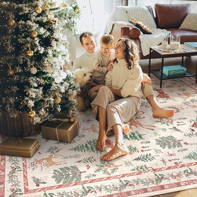 Lahome Christmas 8x10 Living Room Area Rug, Soft Christmas Tree Large Washable Rug for Bedroom, Non Slip Low Pile Indoor Floor Carpet for Home Office Xmas Holiday Decor, Beige