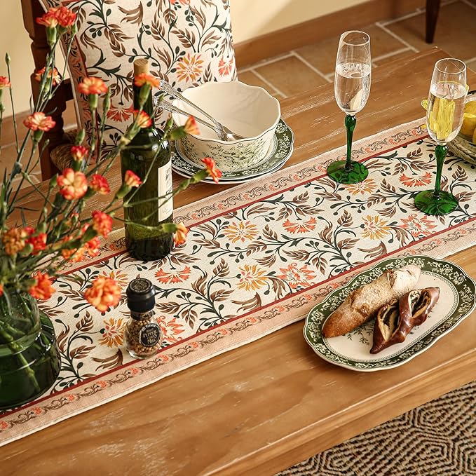 ISAENNE Designer French Elegant Linen Table Runner 87 Inches Long,Farmhouse Lily Pattern Decor Table Runners for Dining Tables,Thanksgiving,Kitchen Tables,Christmas,12"*87"-Aurora A