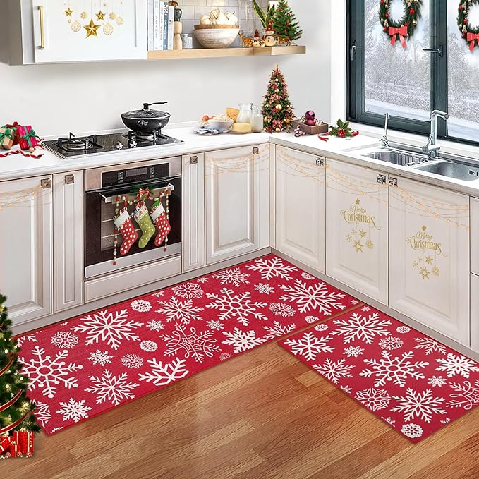 CAROMIO Christmas Kitchen Rugs and Mats Non-Slip Skid Washable Runner Rug Set of 2 PCS Xmas Holiday Decor Runner Rug in Front of Sink Super Absorbent Kitchen Mat, 17"x29"+17"x47"