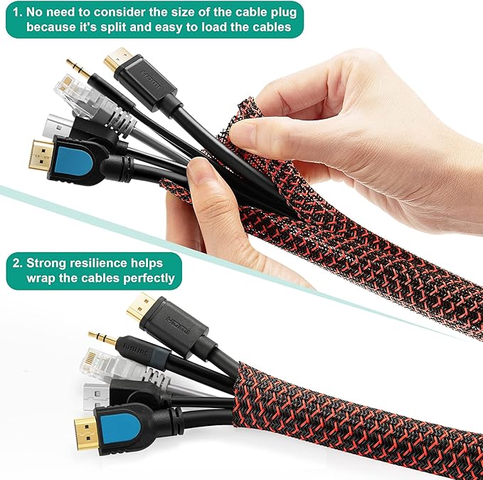 ZhiYo 6.6ft - 4/5 inch Cable Sleeve, Cord Wrap Wire Protector Tubing for Pets, PC Cable Wrap, Computer Cable Management Sleeve - Black - Red