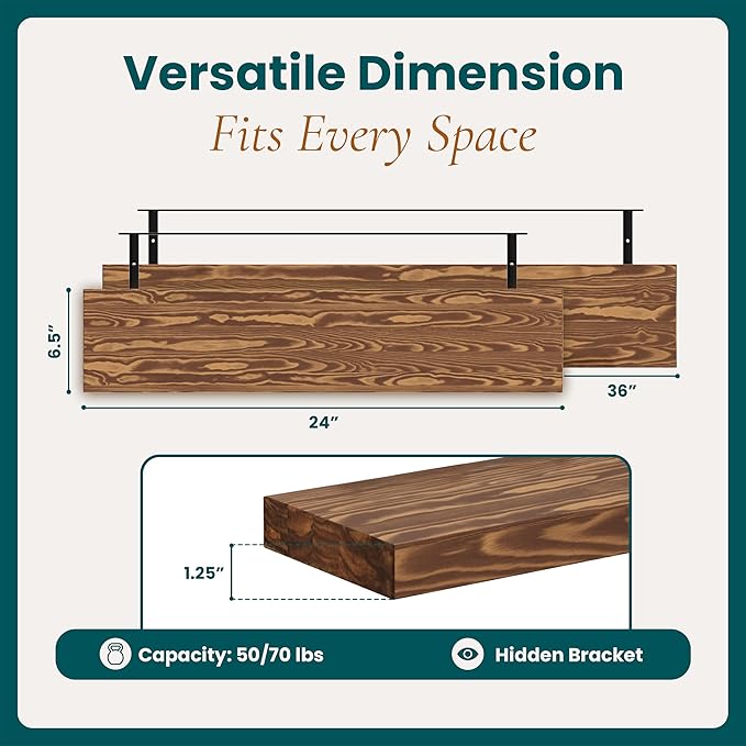 24'' Pine Wood Floating Shelves for Wall- Set of 2 - Rustic Wall Mounted Wooden Shelf for Stylish Home Dรฉcor (Light Walnut, 24x6.5x1.25), 2pcs