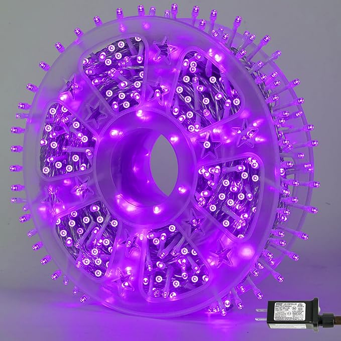 YEGUO 165ft 500 LED Halloween Lights Outdoor Waterproof, Purple String Lights Indoor Plug in, 8 Modes Clear Wire Purple Lights for Halloween Holiday Home Tree Garden Patio Decor