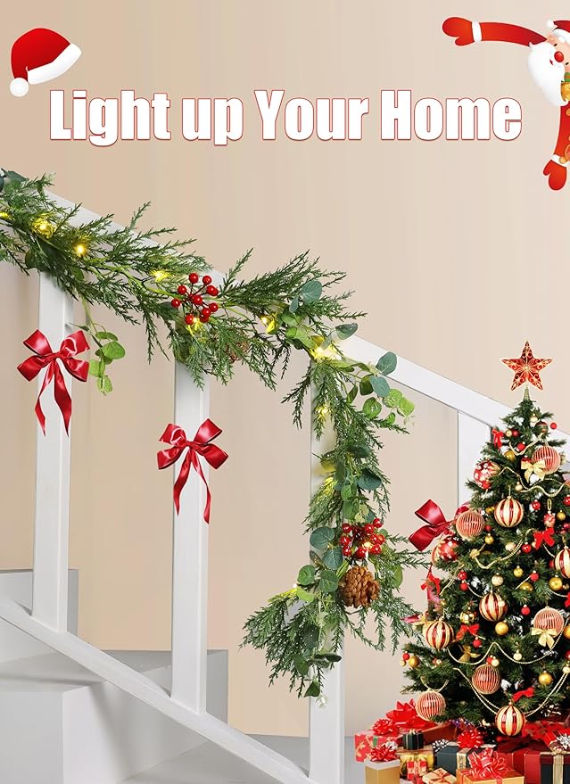 Brightown Christmas Garland with Lights, 6 Ft LED Battery Operated Christmas Lights with Pine Cones, Berry, Eucalyptus Leaves, Indoor Christmas Decorations for Stairs Fireplace Door, 2 Pack