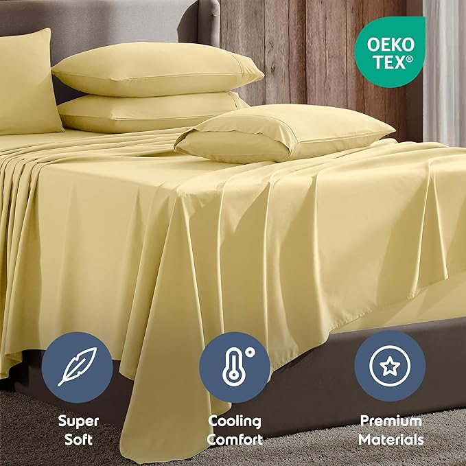 Nestl Extra Deep Queen Sheet Set - 6 Piece Breathable & Cooling Sheets - Hotel Luxury Bedding Set w/18-24 Inch Deep Pockets - Easy & Secure Fit - Super Soft, Wrinkle Free & Comfy - Custard Yellow