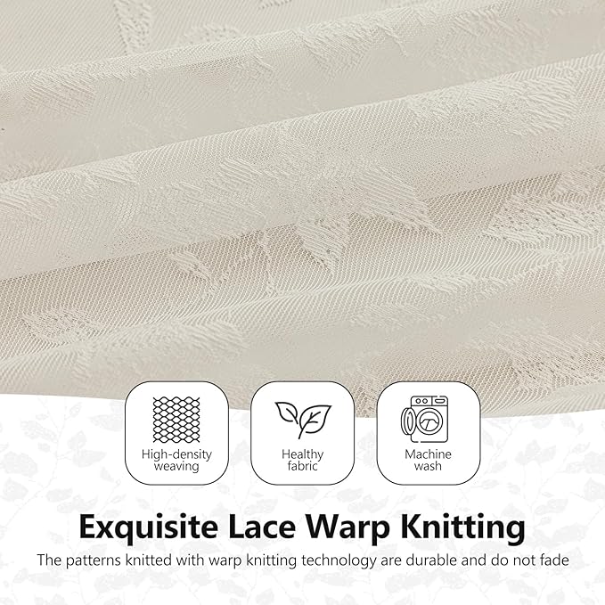 Beige Lace Sheer Curtains 84 inches Long – Vintage Leaves Pattern for Living Room/Bedroom, Fall Curtains, Modern Privacy Light Filtering Rod Pocket Window Drapes, 52W x 84L Inch, 2-Panels