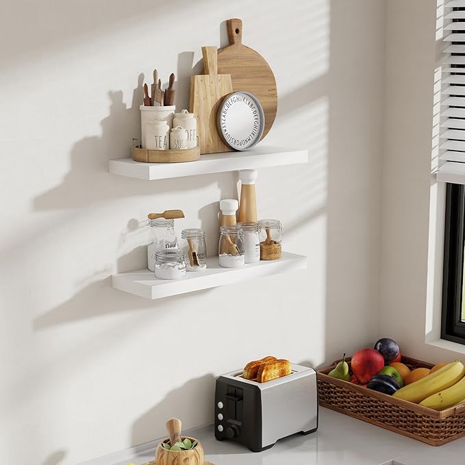 24 Inch Floating Shelves, 8 Inch Deep Floating Shelves for Wall, Hanging Shelf with Invisible Brackets, Deep Shelves for Bathroom, Bedroom, Living Room, White, Set of 2