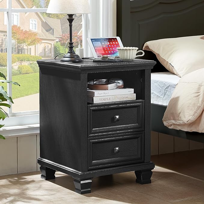 Farmhouse Nightstand Set of 2 with Charging Station, Rustic Black Nightstand,2 Drawers End Table for Living Room,Bedside Table with Open Shelf for Bed Room,Black