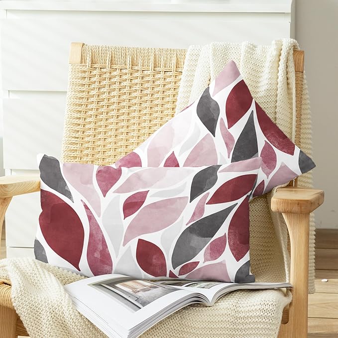 CaliTime Throw Pillow Cases Pack of 2 Cozy Fleece Falling Dahlia Floral Flowers Petals Decorative Cushion Covers for Couch Bed Sofa Farmhouse Decoration 12 X 20 Inches Burgundy Pink Grey
