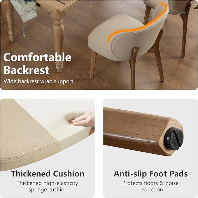 YOUNIKE Dining Chair with High Back Single Mid Century Modern Kitchen Chair Faux Leather Upholstered Armless Accent Chair 20" Wide Padded Seat with Wooden Legs for Dining Living Room Bedroom Khaki