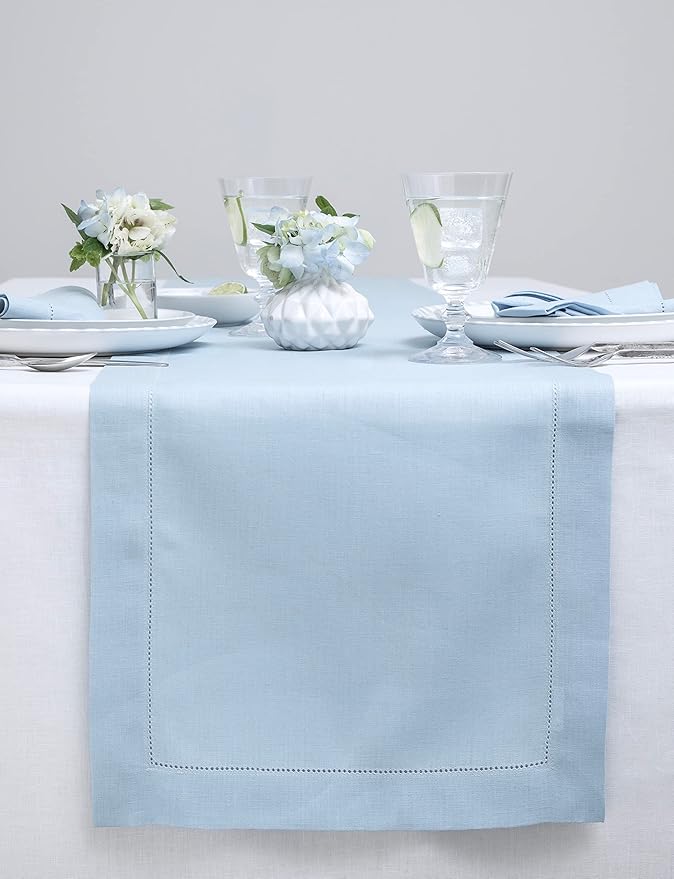 Solino Home Linen Sky Blue Table Runner 144 Inches Long - 100% Pure Linen Extra Long Table Runner 14 x 144 Inch for Christmas- Classic Hemstitch