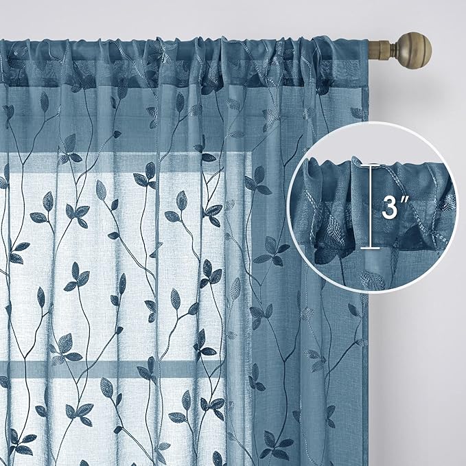 HOMEIDEAS Cyan Blue Sheer Curtains 52 X 63 Inches Length 2 Panels Embroidered Vine Floral Pattern Pocket Faux Linen Semi Sheer Voile Window Drapes for Bedroom Living Room