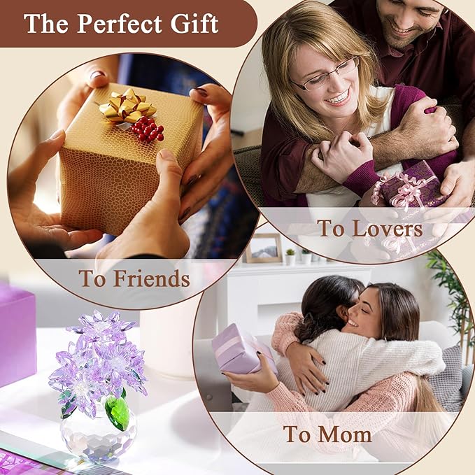 Enjinkail Handmade Crystal Daisy Figurine - Purple Glass Flowers Gifts for Women, Elegant Home Decor & Table Centerpiece