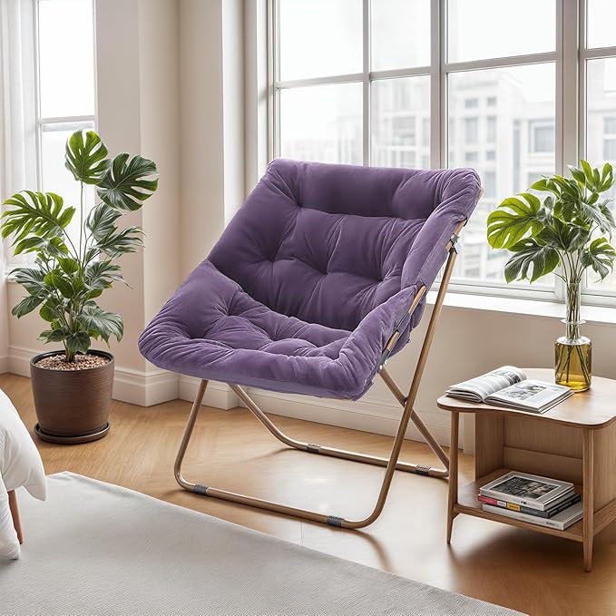 Athena Collection Saucer Chair for Adult, Square Comfy Cozy Chair Folding Chair Faux Fur Metal Frame Foldable Reading Chair Accent Chair for Bed Room Living Room Set of 2, Purple