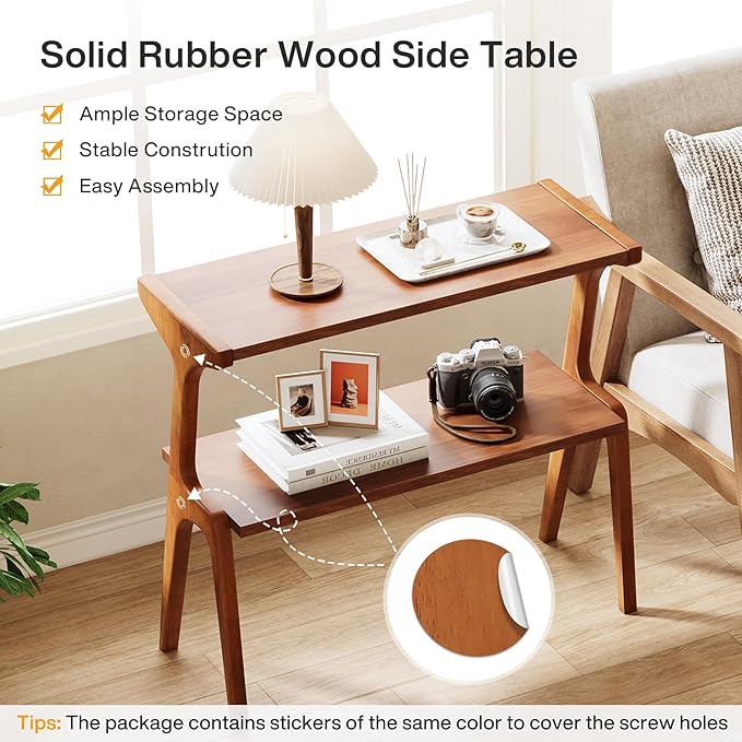 Tribesigns Set of 2 Narrow Side Table, 2-Tier Solid Wood End Table with Storage, Modern Couch Side Table for Living Room, Slim Bedside Table for Bedroom, Small Spaces, Walnut