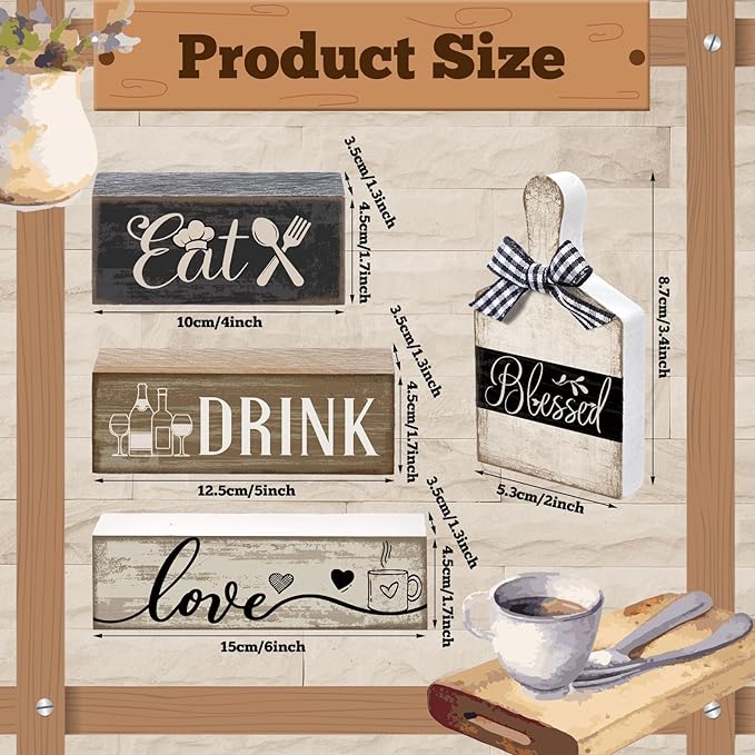 4 Pcs Wooden Farmhouse Tabletop Decor Farmhouse Tiered Tray Decor Black Brown and White Plate Tableware Centerpiece Wooden Plate Rustic Decorative Block Sign for Kitchen Shelf Desk Decoration