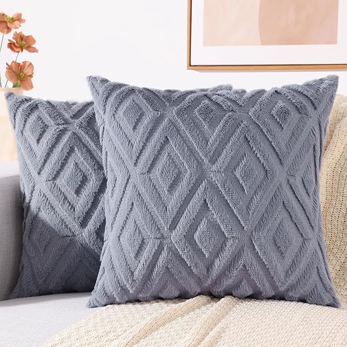 decorUhome Couch Throw Pillow Covers 20x20 Set of 2, Decorative Soft Plush Faux Wool Neutral Accent Pillow Covers for Bed Sofa Living Room, Blue Grey