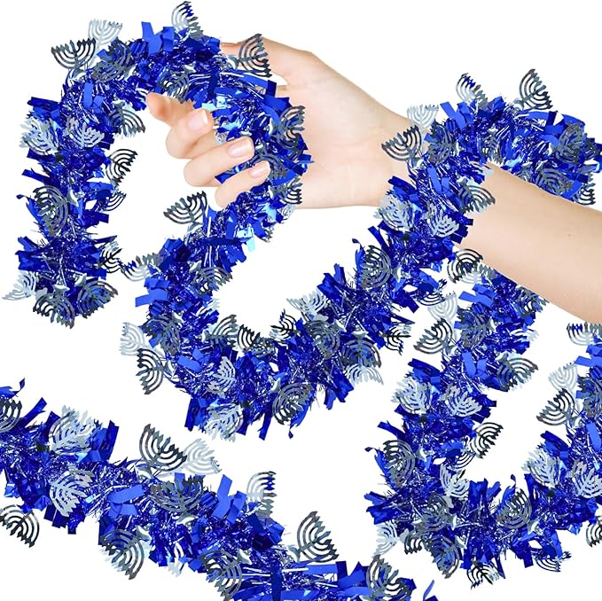 Hanukkah Decorations, 32 FT Hanukkah Garland with Menorah and Star of David Sequins Ornaments Blue Artificial Tinsel Twist Garland for Chanukah Home Indoor Outdoor Party Table Door