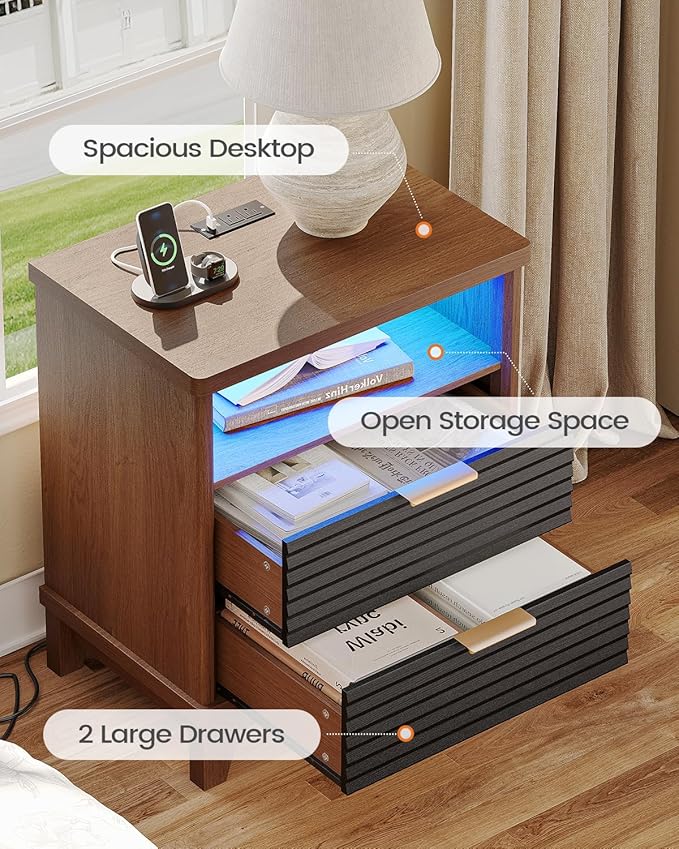 AOGLLATI Fluted Night Stand with Charging Station and 2 Drawers, Black Nightstands Beside Table with Open Storage and Led Lights,Retro End Side Table for Bedroom (1, Black)