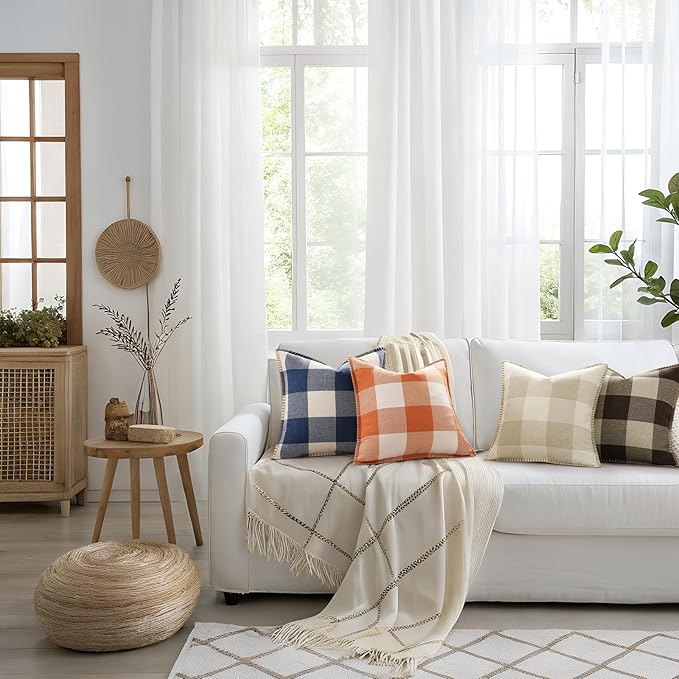 decorUhome Buffalo Plaid Check Throw Pillow Covers 18x18 Set of 2, Outdoor Linen Decorative Farmhouse Gingham Pillow Covers with Stitched Edge for Bed Couch Sofa, Brown and Beige