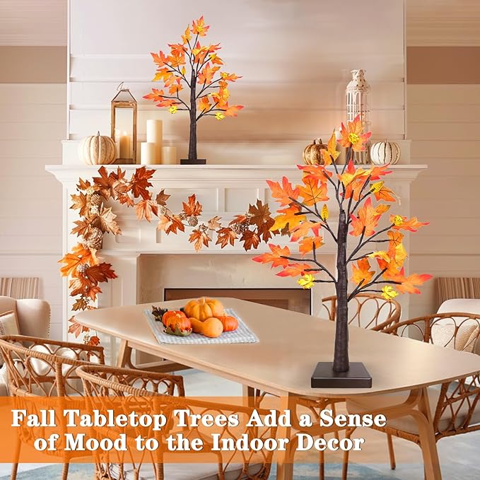 Fall Decorations for Home, 2 Pack 24''/2FT Prelit Fall Maple Tree Thanksgiving Decor Total 48 LED Timer Battery Operated Lighted Pumpkins Acorn Maple Autumn Thanksgiving Indoor Home Table Christmas