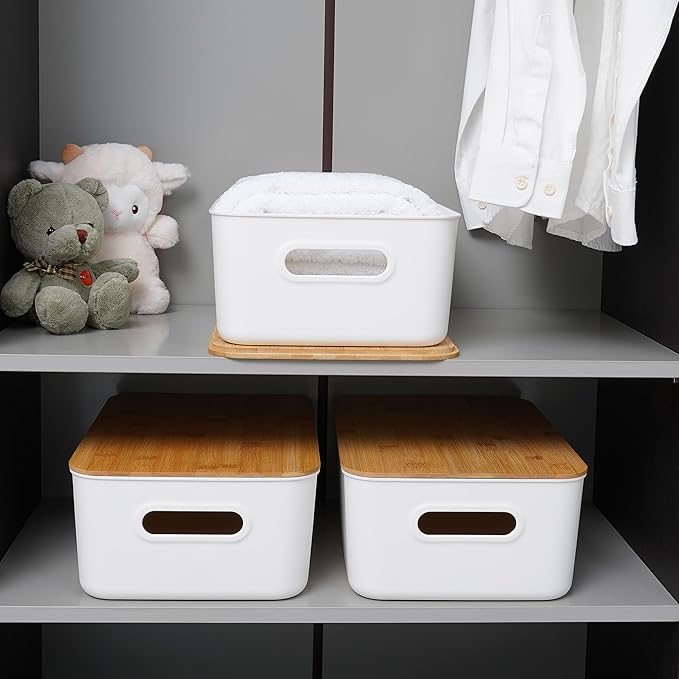 Citylife 2 PCS Storage Bins with Bamboo Lids Plastic Storage Containers for Organizing Stackable Storage Box with Handle, 15.16 x 10.79 x 5.83 inch