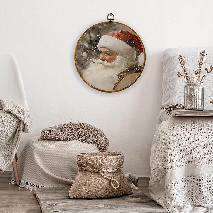 XPH Vintage Christmas Santa Round Wall Art Framed, Rustic Christmas Circle Wall Decor, Farmhouse Cozy Winter Xmas Hanging Canvas Prints for Home Bedroom Living Room Decoration, 10x10 Inch