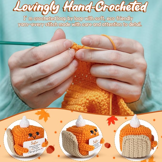 Thank You Gifts for Sister from Brother Sister, Mini Crochet Pumpkin Pie Plush Birthday Gifts, Halloween Thanksgiving Christmas Stocking Stuffer Emotional Small Cute Decorations