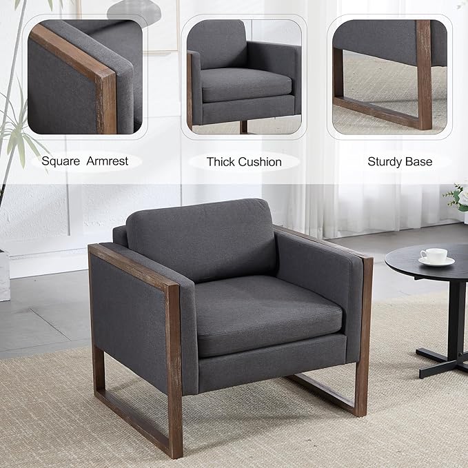 Kmax Modern Accent Chairs, Charcoal Fabric Upholstered Club Chair, Comfy Arm Reception Chairs for Living Room Hotel Conference, Walnut Wood