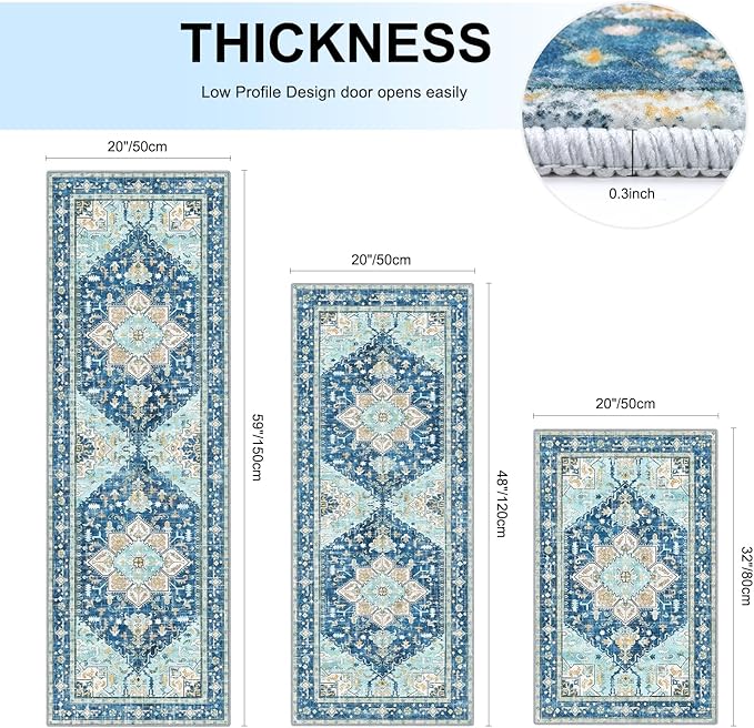 Yamaziot Boho Washable Kitchen Rugs Sets of 3, Non Slip Kitchen Mats for Floor with Rubber Backing, Waterproof & Stain Resistant Thick Carpet Runner Throw Rugs for Kitchen, Laundry Room, Hallway, Blue