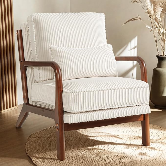 FLEXISPOT AC1 Mid Century Modern Accent Chairs Set of 2, Corduroy Upholstered Armchairs with Wood Frame, Thick Backrest & Lumbar Pillow, Comfy Reading Chairs for Living Room, Bedroom, Balcony (White)