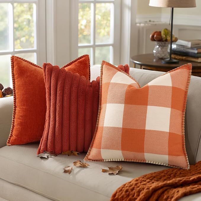 decorUhome Farmhouse Gingham Buffalo Plaid Check Throw Pillow Covers 18x18 Set of 2, Outdoor Fall Linen Decorative Pillow Covers with Stitched Edge for Bed Couch Sofa, Orange and White