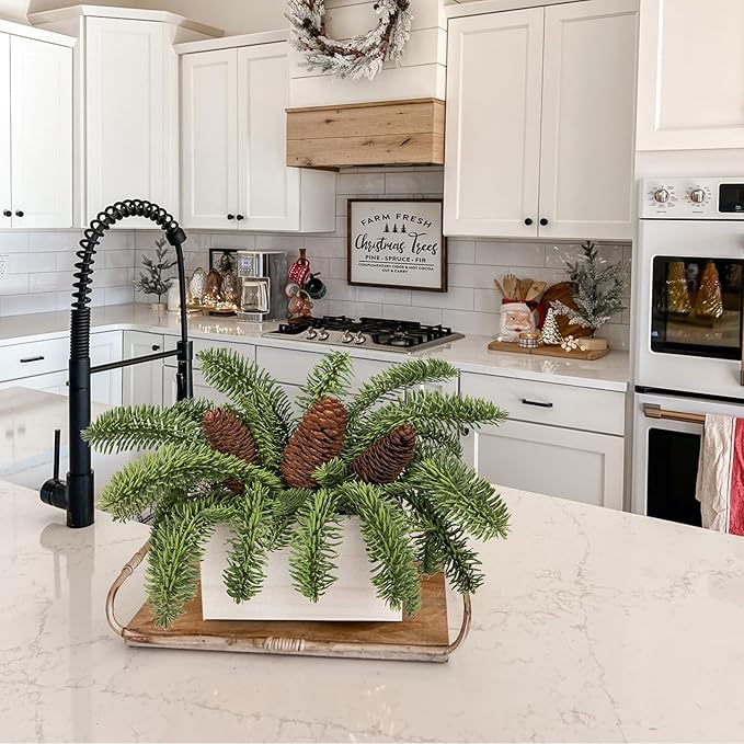 DILATATA Christmas Centerpieces 8 Inch Artificial Christmas Plant in Rectangular Wooden Pot Tabletop Pine Plants with Pine Cones for Winter Holiday Party Fireplace Mantel Xmas Decor